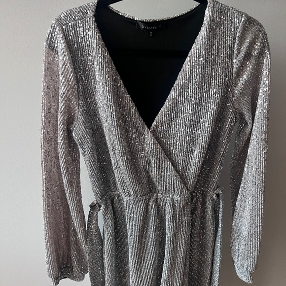 Silver sequinned mini dress, wrap style, long sleeved, size small - Picture 1 of 4